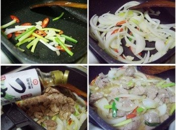 step4: 4.用原鍋餘油爆香辣椒ˊ蒜頭ˊ蔥段ˊ再加入洋蔥拌炒均勻ˊ
(喜歡清脆口感ˊ略為拌炒ˊ喜歡軟熟口感就多炒一下)
接著加入所有<span class="group_3">調味</span>快速翻吵均勻即可