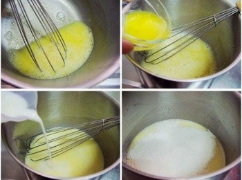 step2: 容器內擺入雞蛋略為打發ˊ
加入溶化無鹽奶油ˊ鮮奶ˊ再加入[自製鬆餅粉]拌勻