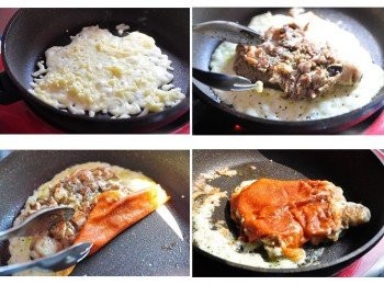 step4: 清洗鍋後，加熱放入少許的油，再鋪上乳酪絲煎至熔化，再放上雞腿，稍微翻開底面察看是否變的金黃，然後慢慢的捲取包覆起鍋~