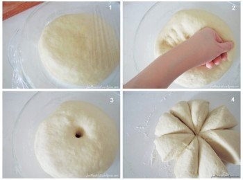 step3: 1）一小时后，面团已经膨胀两倍大。 2）以拳头式的轻轻压再搓揉面团使面团里的空气挤压出来。 3）将手指往面团中心压，如果面团不反弹就证明面团已经充分发酵。 4）在台面上撒一些面粉。之后，将面团分割成8等份。