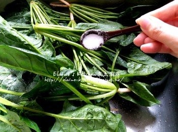 step1: 菠菜洗淨根部去泥 , 加2茶匙鹽將菠菜葉洗淨 , 再加水浸過面靜待10分鐘