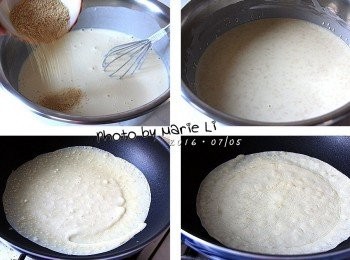step3: 然後將芝麻倒入麵糊中一起拌勻。

平底鍋先抹上一層油以中小火將鍋子燒微熱後切成小火
倒進一大瓢的麵糊後馬上傾斜鍋身
以左右繞圈方式讓麵糊展開成一大片
煎至餅皮邊緣明顯翹起來即可翻面
再煎至看見餅皮開始冒出大大小小的氣泡
再稍微煎一下子就可以將蛋餅皮離火撈起備用了。

自製蛋餅皮就是這麼簡單~