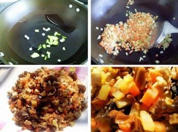 step8: 漂菜（芹菜、香菜和蔥花）切碎。油鍋爆香蔥薑後先下紅蘿蔔和土豆，炒一會後依次放入除漂菜外的其他材料炒熟。看看素臊子是不是也很誘人呢。