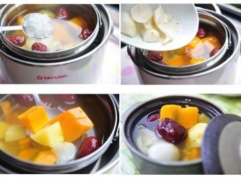 step3: 大約燉煮至外鍋水剩約2分滿，加入適量冰糖及百合，再蓋上鍋蓋繼續燉煮至電源跳起，再將百合放入蓋上鍋蓋悶煮保溫，約10分鐘即可享用~