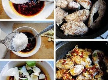 step2: 平底鍋倒底油，魚段沾上澱粉，入鍋煎製成金黃色；把調好的魚汁倒入鍋內，蓋鍋蓋燜10分鐘即可出鍋。