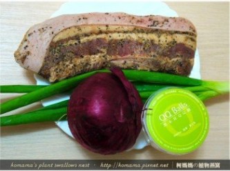step1: 準備月之鄉鹹豬肉、黑木耳QQ圓、青蔥與紫洋蔥等<span class="group_1">食材</span>。