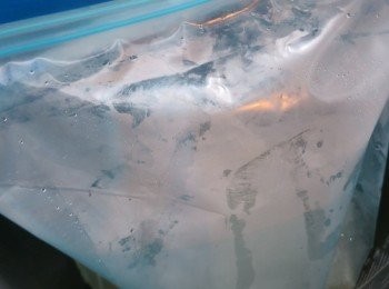 step4: 湯汁隔去其他材料後放涼
水梨去皮後，切一半磨溶，跟湯調味料一齊加到放涼好的湯汁拌勻 （記得要試味，不夠酸加醋，不夠味加鹽，太酸加糖）
把調味好的湯汁入袋封好放冰格，最好是雪到半結冰狀態