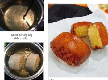 step7: 或者將冷凍金絲卷置於室溫中待回溫後用160度中小火炸到表皮呈淡金黃再開大火逼出油，就成了外酥內軟的炸金絲捲了！！ 160度就是用塊子沾濕，插入油裡，筷子邊緣馬上有小泡泡的呈度。