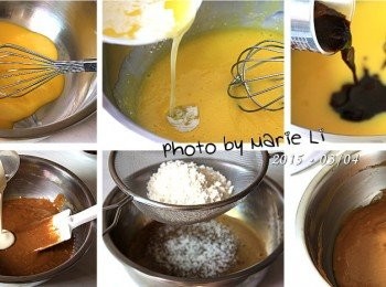 step4: 開工：

先將蛋黃用打蛋器拌開來
加入融化成液狀的奶油仔細拌勻
再加入事先煮好的黑糖漿拌勻
若有泡龍眼乾剩下的湯汁就此時加入拌勻
再依序，鮮奶油 → 過篩的低粉
每加一樣材料都要先拌勻後再加下一項。

最後就會形成濃稠的麵糊。