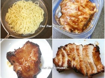 step1: 拉麵煮熟上碟，排上已切片的豬頸肉備用。