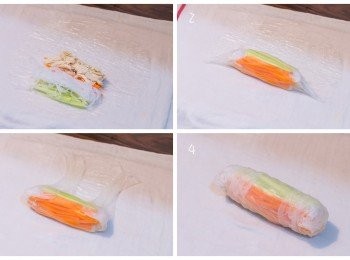 step5: (1)把米紙放到預備好的濕布上，放接近底部以上 1 吋的地方打橫鋪上甘筍、青瓜、芋絲和雞絲。(2)捲起至約米紙的中間。(3)把米紙左右兩邊向中心摺起。(4)整條捲起。可把米紙卷打斜切半或原條上碟，伴以日式芝麻醬享用。