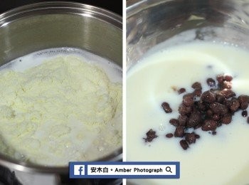 step2: 鍋子先放入500C.C的水，在瓦斯爐上煮到水滾，然後將火轉小些，放入白砂糖和奶粉拌勻，要不停攪拌的煮1～2分鐘(左圖)，接著再加入玉米粉水(玉米粉20公克+水50C.C調勻)勾芡，也是要不停攪拌，再度煮滾後即可熄火，放入蜜紅豆攪勻(右圖)。