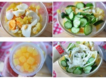 step2: 將綜合泥攪拌後，放入煮熟的雞蛋、小黃瓜、水蜜桃果凍，再擠出適量的沙拉綜合攪拌均勻即可(地瓜泥已有甜味，沙拉可以少些)