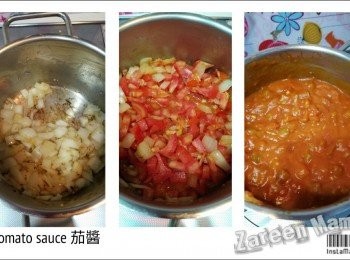 step1: 準備【<span class="group_3">蕃茄醬</span>】。 熱鑊加油放入蒜蓉炒香，再加洋蔥炒至透明。 現在加入蕃茄炒10至15分鐘炒嘅過程盡量壓碎蕃茄 加入蕃茄膏不斷攪拌， 再加入蘑菇西芹炒至軟身。

現在加入麵粉炒勻，慢慢加雞湯要不斷攪拌至番茄醬呈現滑身。再加調味包括糖胡椒鹽及忌廉備用。