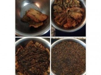 step4: 當湯汁收到只剩可以淹到梅乾菜的一半時(一般差不多15-20分鐘),即可關火,取一碗公將肉片以中心點為基準,循序排入(排圓的或排直都全憑個人喜好喔),每片約有1/3 的重疊,然後把梅乾倒入碗中,略為壓緊後,最後把醬汁倒入, 用保鮮膜封起來, 要吃時蒸45分鐘到一小時即可.