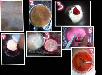 step2: 做法:
1魚膠片用少許清水浸軟，用熱水坐溶備用

2 忌廉用打蛋器打至6成備用。

3 士多啤梨漿加糖煮溶攪入 魚膠片、檸檬汁至微滾關火~淡忌
廉分3次加入士多啤梨茸混合成為士多啤梨慕斯。士多啤梨
香精及 Kirsch酒如果要落就家下落~不過唔落都冇所謂只係
冇咁正~

4跟次序放入3片蛋糕片及慕斯槳放入雪櫃中雪至凝固