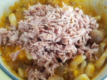 step3: 將吞拿魚與<span class="group_2">調味</span>料拌勻後，加入南瓜醬汁中拌勻。