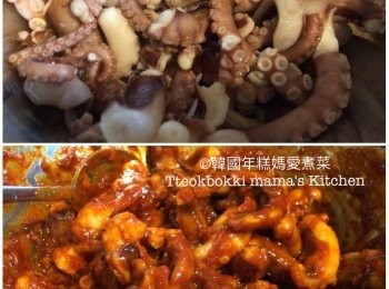 step3: 冷藏章魚溶雪後用水洗一洗，放入滾水焯一會撈出沖冷水後瀝乾水份，把辣醬和章魚拌勻醃一會，備用。