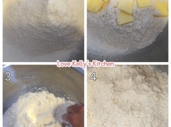 step2: 冷藏的無鹽牛油切碎，放入1)內用手指頭將牛油與粉混合成麵包糠狀