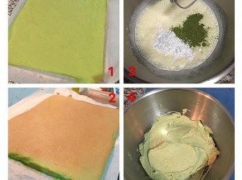 step4: 蛋糕糊倒入鋪了烘焙紙的烤盤上抹平，敲模。入烤箱160度烤10分鐘，取出轉頭再烤10分鐘(顏色才會均勻喔)。烤好後取出，模具在桌上敲一下後就馬上連紙帶蛋糕的提起放架子上,並趁熱將邊圍四週烘焙紙往下拉,靜放到冷卻。 鮮奶油放冷凍10分鐘後，打到起泡，加入糖粉和抹茶粉，低速打到濃稠打痕清楚，放冷藏備用。