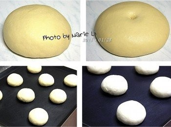 step3: 機器停止後，取出麵糰揉圓
蓋上保鮮膜讓它靜置發酵一個小時
手指頭沾粉，往麵糰中間壓下
形成一個凹陷不回彈就是發酵完成啦！

發酵好的麵糰等分成八份
分別揉圓後放於烤盤上，再蓋上保鮮膜
靜置一個小時左右讓麵糰做最後發酵