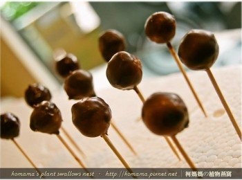 step5: 最後再用牙籤插住成品後，放在通風處晾乾，等待外層的巧克力凝固。