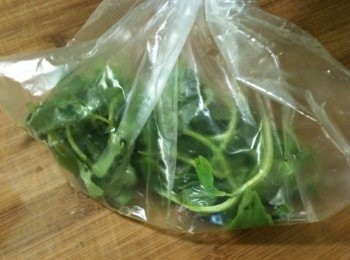 step3: 將塑膠袋的袋口握緊後，將塑膠袋抖一抖，使苦茶油沾附在每片九層塔上。