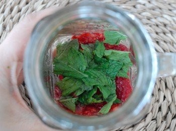 step1: 將紅桑子和薄荷葉放入杯內，用木棒壓一壓水果，更有果味