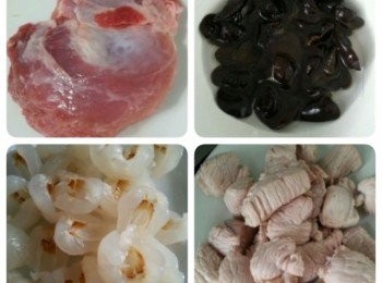 step1: 1. 備好新鮮土豬瘦肉

2. 雲耳提前泡發並且清洗乾淨(雲耳比木耳形狀小朵些，但云耳比較脆口)

3. 備好荔枝並且去掉荔枝皮和荔枝核

4. 豬肉切厚件(塊)焯去血水，下鍋兩面煎一下，控干水份(這樣做出的肉比較香和鮮味)

5. 豬肉煎香後，下生抽，少許鹽，少許白糖，少許酒，然後蓋好鍋燜至汁差不多幹關火，肉肉盛起待用，這時鍋熱油先快炒雲耳，後下荔枝翻炒幾下關小火，將肉肉倒下鍋與荔枝雲耳翻炒一下勾芡即出鍋裝盤