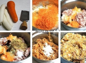 step5: 製作《蘿蔔絲肉餡餡料》：

紅、白蘿蔔絲：     260g
豬絞肉：           200g
鹽、糖：           少許
油蔥酥：           少許
素蠔油、胡椒粉：   少許
香油：             少許
太白粉：           少許

將紅、白蘿蔔洗淨、削皮、刨絲
用少許鹽搓出水後瀝乾。

加入絞肉和所有調味料一起拌勻
最後再加少許太白粉拌勻備用。