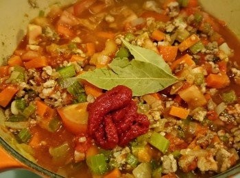 step6: 加１００ＭＬ水，月桂葉及１湯匙茄膏，加蓋，滾後轉小火煮３０分鐘。