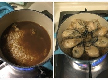 step4: 6) 把米和調味汁放入LC鍋，中火至滾起，加蓋，轉小火15分鐘，熄火焗5分鐘
7) 開蓋，放入蠔，加蓋，中火加熱3分鐘，熄火焗5分鐘
