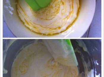 step4: 取出少許麵糊加入溶解的牛油，拌均勻。然後倒入麵糊，利用橡皮刮充分的攪拌均勻。