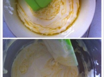 step4: 取出少許麵糊加入溶解的牛油，拌均勻。然後倒入麵糊，利用橡皮刮充分的攪拌均勻。
