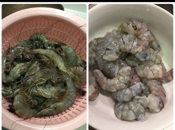 step1: 把蝦剪頭剝殼去腸，洗乾淨後，放入電櫃備用。