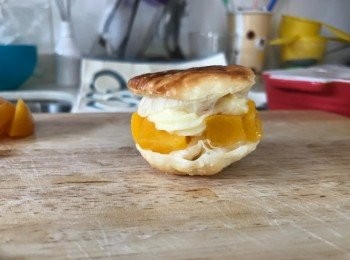 step4: 開始砌- 最底層酥皮，然後<span class="group_3">吉士打醬</span>，然後蜜桃粒，再鋪<span class="group_3">吉士打醬</span>，再放第二層酥皮