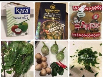 step2: 把紅洋蔥切片，泰國茄子一開四切件，草菇一開四切件，檸檬葉卷細切絲，金不換取葉待用