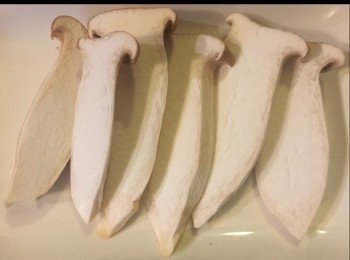step2: 將鮑魚菇用濕粉未乾淨後，切片，灑少許鹽，胡椒粉醃片刻，再用廚房紙巾未乾備用。