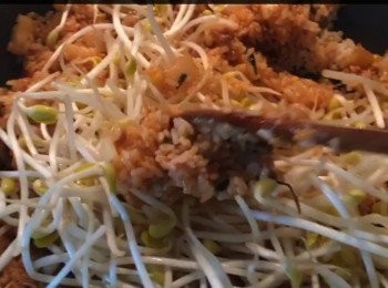 step3: 最後落芽菜，炒好後將飯推成座山，將蛋沿飯邊倒入