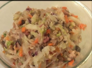 step3: 熱鍋放入油，洋蔥，紅蘿蔔和香菇炒片刻，加入絞肉和蝦又炒片刻，最後加入粉絲攪勻和調味料。作好了的餡料，取出放於碟上備用。