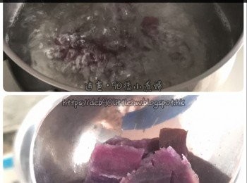 step4: 將1.5公升水煲滾（中細火），加入(A紫薯粒250g）煮熟後，再加入（B紫薯泥）及砂糖煮溶。