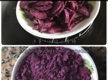 step3: B 250g紫薯片，隔水蒸10分鐘，用叉壓成泥，備用。