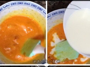 step1: 蛋黃及原蔗糖放入大碗中，打發至蔗糖溶化，用網篩過濾。加入牛奶，拌勻。