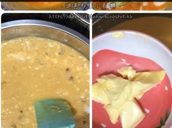 step2: 麵粉過篩，放入不鏽鋼盤裏，分 2-3次加入蛋黃奶漿，攪拌至沒有粉粒，才加入餘下的蛋黃奶漿。