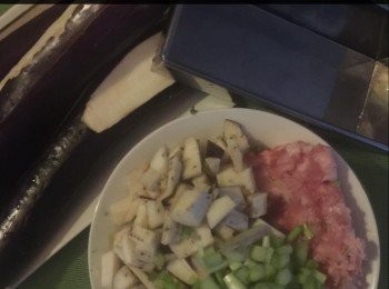 step1: <span class="group_1">食材</span>：
3隻大茄子。
1/2洋葱，切碎。
1/2磅免治豬肉。
1 隻雞蛋打成醬。
2湯匙洋葱，切碎。
1/2杯麵包糠。
1/2茶匙百里香。
1茶匙玉米粉。
1/2茶匙鹽。
1/2茶匙胡椒粉。
1/2茶匙檸檬汁。
3湯匙油。