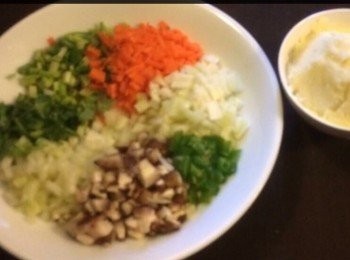 step1: <span class="group_1">食材</span>：
紅蘿蔔2湯匙
青椒2湯匙
西芹2湯匙
洋蔥2湯匙
香菇粒2湯匙
芫茜1湯匙
薯泥一碗
蛋1隻
麵粉1湯匙

配料：
薯泥一碗
蛋1隻
麵粉1湯匙
鹽，糖及胡椒粉各少許