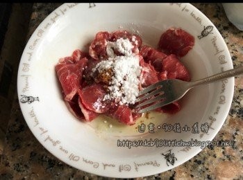 step1: 先把牛肉片加入醃製<span class="group_2">調味料</span>進行醃製。