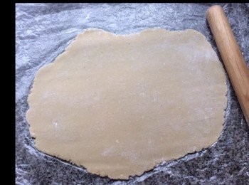 step8: 枱面舖上保鮮袋，放麵糰在上，用蘇搥開薄約兩元硬幣咁薄。

手粉用髙筋麵粉，便無咁黐的。