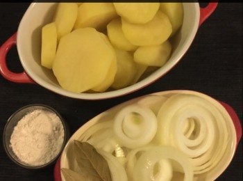 step1: <span class="group_1">食材</span>：
馬鈴薯3個和洋蔥2個，洗淨削去皮切成薄片備用
鮮牛奶1杯
麵粉2-3茶匙
橄欖油2茶匙
牛油20克
月桂葉 Bay Leaf 2塊
少許鹽、糖及胡椒粉
帕爾馬干酪 Parmesan Chesse 半杯