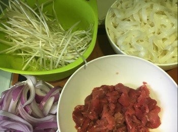 step1: 材料: (2 - 3人份量)
炒河粉 600g(1斤)
牛肉 (通常都會選用牛柳，及請肉販切片) 250g
芽菜 150g(約4両）
洋蔥 1個(我通常用紫洋蔥，因有花青素)
白芝麻 少許(裝飾用)
芫茜 少許(裝飾用)